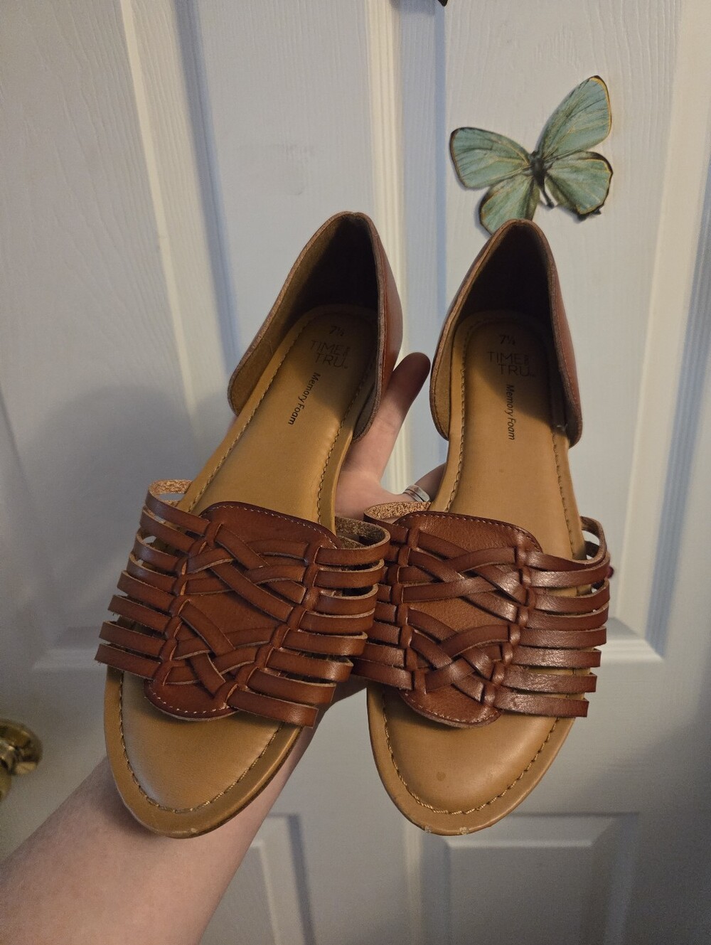 Women's Brown Woven Strap Flat Sandals 7.5 time & tru memory foam